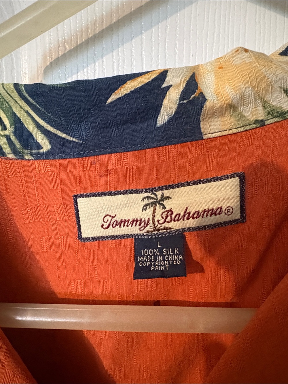 Tommy Bahama Orange Silk Shirt with Navy Floral Collar